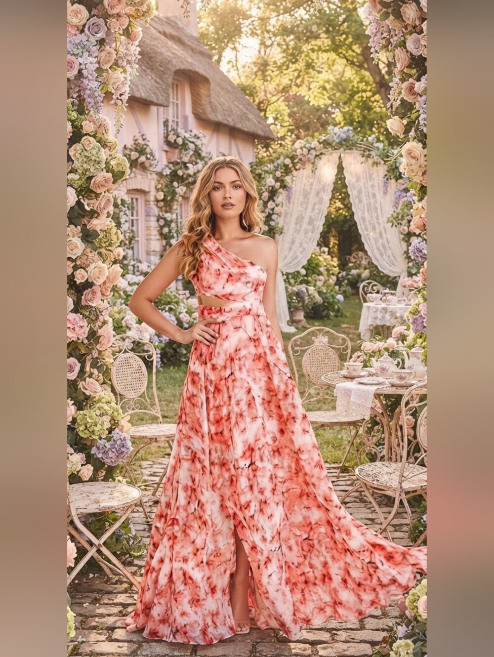 CORAL PINK , FLORAL,  CUT OUT, SLIT, SLEEVELESS MAXI GOWN